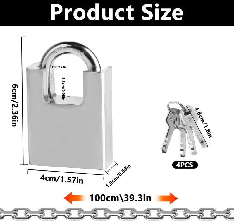 HexinYigjly 40 Inch Heavy-Duty Stainless Steel Safety Chain Lock,5mm x 1 Meter Chain and Lock,Sprocket Locks with Key,Bike Locks,High Security,Suitable for Motorcycles, Bicycles, Gates and Warehouses - Image 2